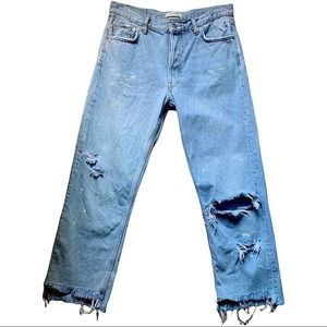 ZARA Distressed Paint Splatter Grunge Frayed Patch High Rise Cutoff Jeans - SZ 6